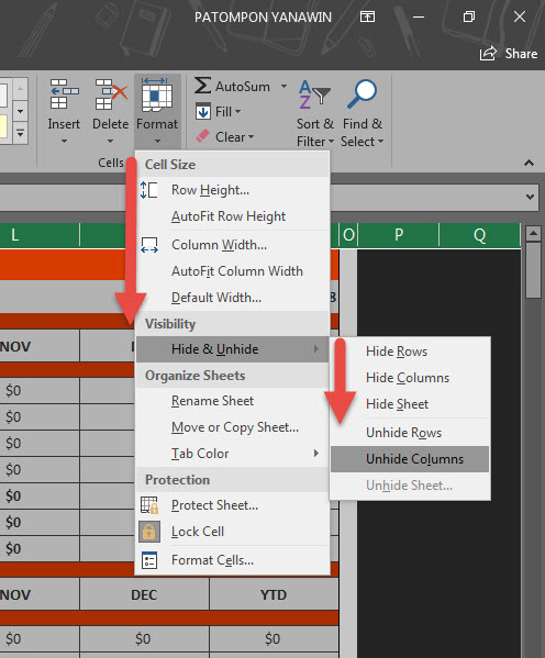 ซ่อนคอลั่ม ซ่อนแถว Excel 2016-7