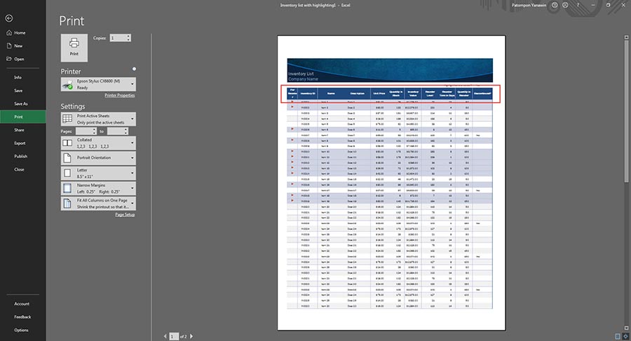 Print Area Excel การเพิ่มหัวตาราง-2