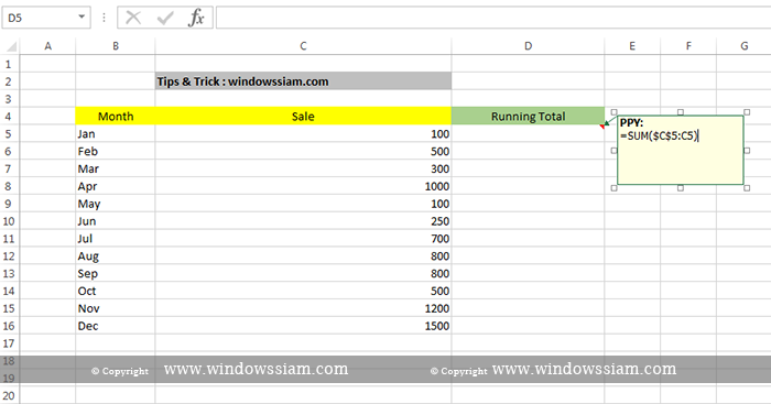 Calculate running total Excel step1