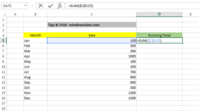 Calculate running total Excel step2