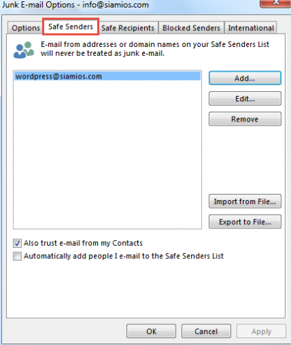 Junk-Email Options Outlook safe Senders