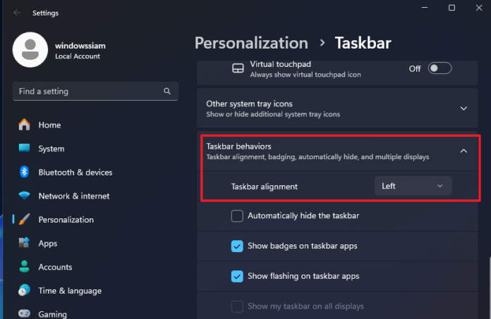 การปรับ Taskbar Windows 11 ให้อยู่ด้านซ้าย - WINDOWSSIAM
